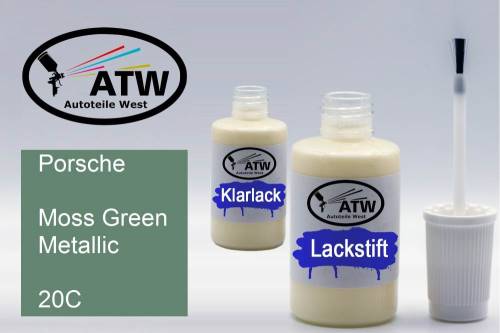 Porsche, Moss Green Metallic, 20C: 20ml Lackstift + 20ml Klarlack - Set, von ATW Autoteile West.